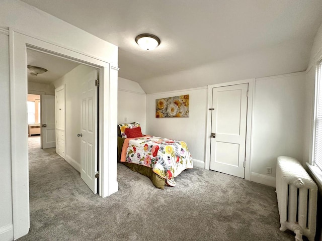 4416 75th St, Kenosha, WI 53142 - carpeted bedroom with radiator heating unit, lofted ceiling, baseboards, and radiator