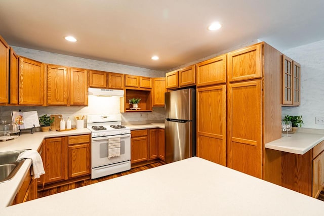 N100W14330 Sunburst Trl, Germantown, WI 53022 - kitchen with white gas stove, freestanding refrigerator, under cabinet range hood, light countertops, and recessed lighting