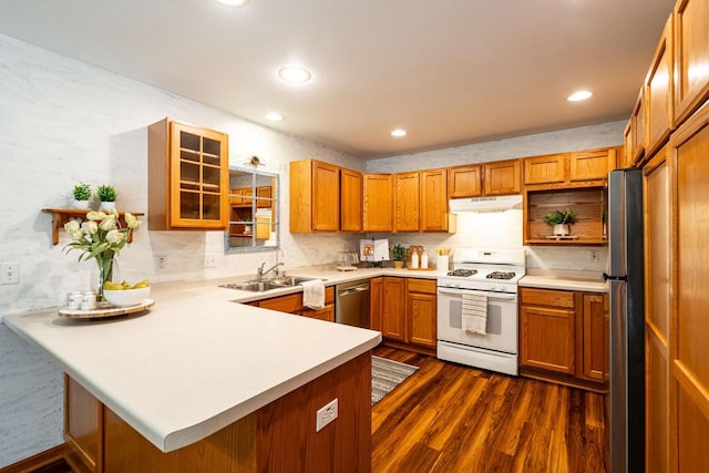N100W14330 Sunburst Trl, Germantown, WI 53022 - kitchen featuring stainless steel appliances, a peninsula, under cabinet range hood, a sink, and dark wood-type flooring