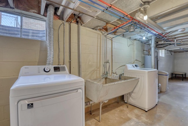 167 Po St, West Bend, WI 53090 - washroom with washer and dryer, concrete block wall, and water heater