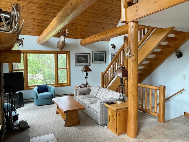 23165 Joy Villa Rd Unit 6, Glidden, WI 54527 - tiled living room with a baseboard heating unit, wood ceiling with exposed beams, carpet floors, and stairs