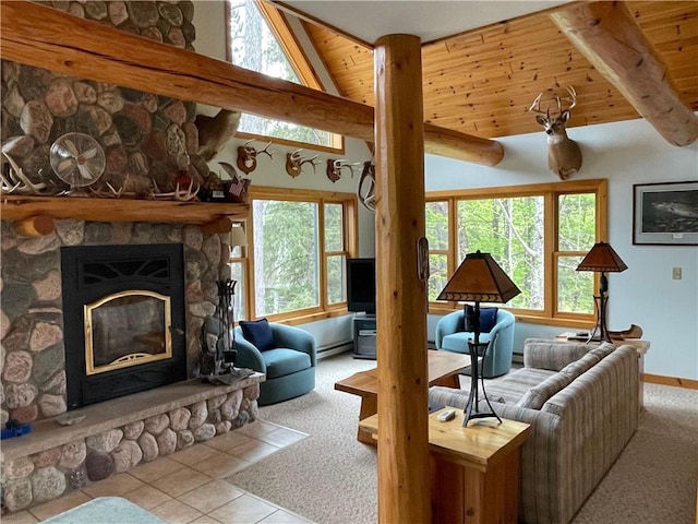 23165 Joy Villa Rd Unit 6, Glidden, WI 54527 - carpeted living area featuring wood ceiling, a fireplace, baseboards, a baseboard heating unit, and tile patterned floors