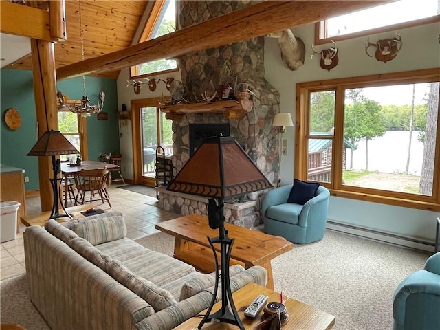 23165 Joy Villa Rd Unit 6, Glidden, WI 54527 - tiled living area featuring a baseboard radiator, a chandelier, high vaulted ceiling, a stone fireplace, and wood ceiling with exposed beams