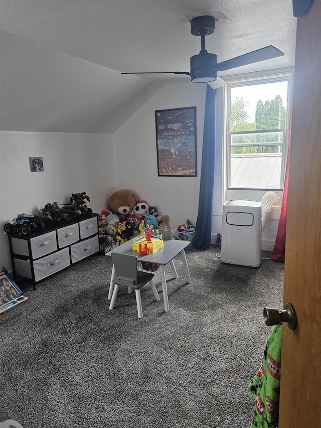 301 Superior St, Boscobel, WI 53805 - rec room with carpet, lofted ceiling, and a ceiling fan