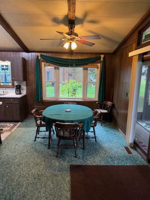 W6782 Marine Dr, Markesan, WI 53946 - dining area with wood walls, carpet, and a ceiling fan