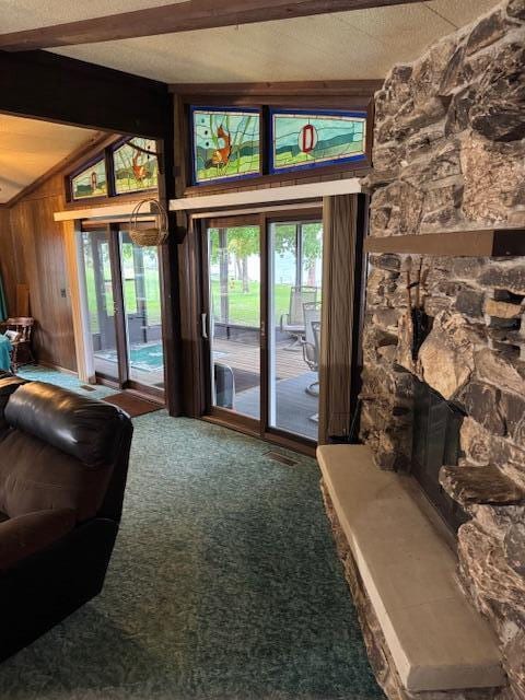 W6782 Marine Dr, Markesan, WI 53946 - entryway featuring carpet flooring and wooden walls