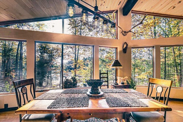 12711 Wind Point Rd, Manitowish Waters, WI 54545 - dining space featuring wood ceiling with exposed beams, wood finished floors, and baseboards