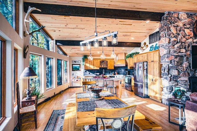 12711 Wind Point Rd, Manitowish Waters, WI 54545 - dining space featuring wooden ceiling with exposed beams, light wood-style floors, and high vaulted ceiling