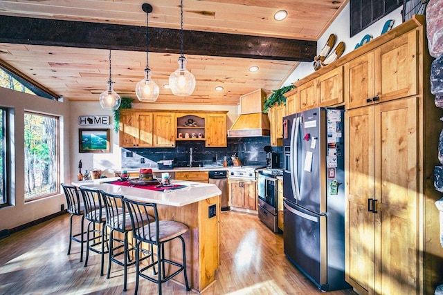 12711 Wind Point Rd, Manitowish Waters, WI 54545 - kitchen featuring stainless steel appliances, light wood-type flooring, open shelves, a center island, and wooden ceiling