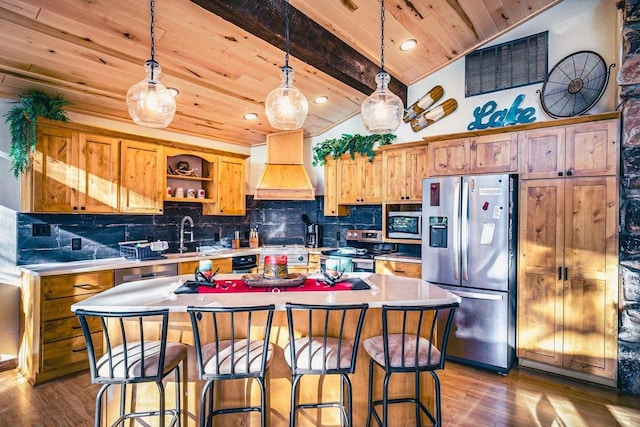 12711 Wind Point Rd, Manitowish Waters, WI 54545 - kitchen featuring stainless steel appliances, premium range hood, wooden ceiling, a sink, and open shelves