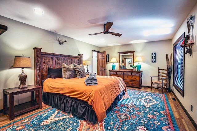 12711 Wind Point Rd, Manitowish Waters, WI 54545 - bedroom with wood finished floors, baseboards, recessed lighting, and a ceiling fan
