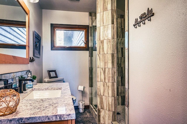 12711 Wind Point Rd, Manitowish Waters, WI 54545 - bathroom featuring vanity, a stall shower, a textured wall, and toilet