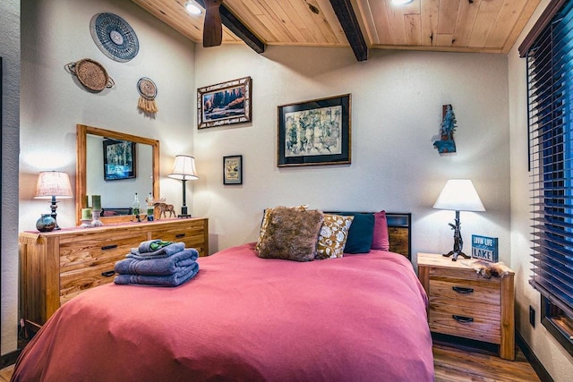 12711 Wind Point Rd, Manitowish Waters, WI 54545 - bedroom featuring wooden ceiling with exposed beams, wood finished floors, and recessed lighting