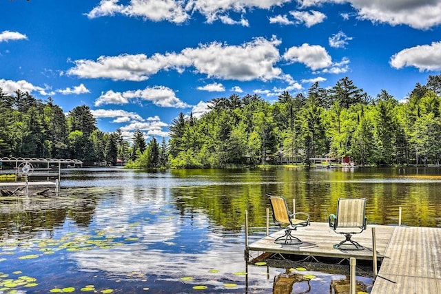 12711 Wind Point Rd, Manitowish Waters, WI 54545 - dock area featuring a water view and a wooded view