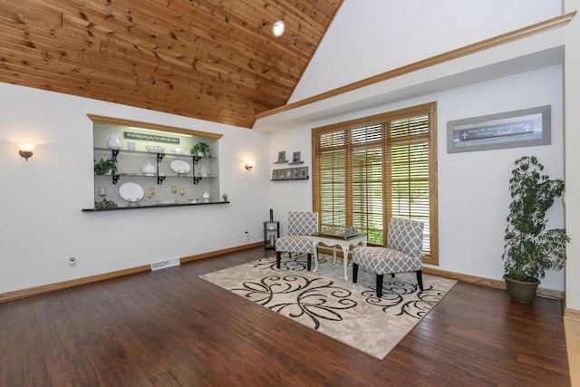 W360S9910 Markham Rd, Eagle, WI 53119 - sitting room with wood finished floors, baseboards, high vaulted ceiling, and wood ceiling