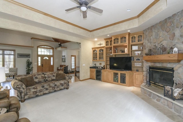 W360S9910 Markham Rd, Eagle, WI 53119 - living room featuring wine cooler, a ceiling fan, light carpet, recessed lighting, and a fireplace