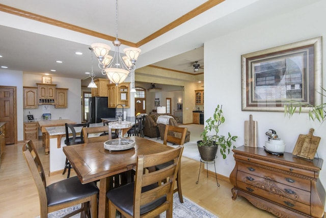 W360S9910 Markham Rd, Eagle, WI 53119 - dining space with light wood finished floors, a ceiling fan, recessed lighting, baseboards, and crown molding