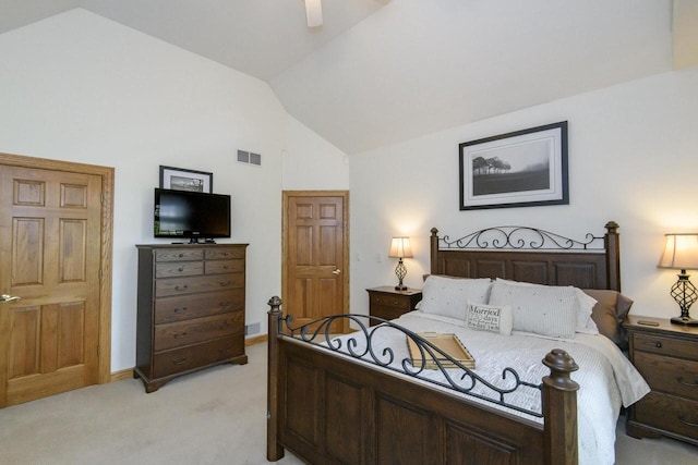 W360S9910 Markham Rd, Eagle, WI 53119 - bedroom with light carpet, a ceiling fan, baseboards, and high vaulted ceiling