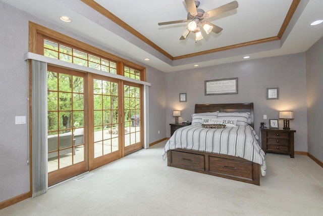 W360S9910 Markham Rd, Eagle, WI 53119 - bedroom with access to exterior, baseboards, carpet floors, crown molding, and a raised ceiling