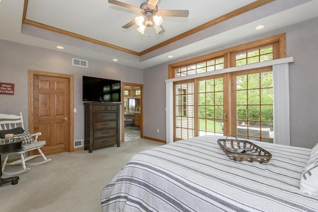 W360S9910 Markham Rd, Eagle, WI 53119 - bedroom featuring light colored carpet, a raised ceiling, ornamental molding, recessed lighting, and baseboards