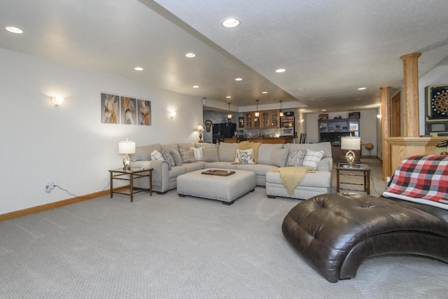 W360S9910 Markham Rd, Eagle, WI 53119 - carpeted living area with baseboards, recessed lighting, and bar area