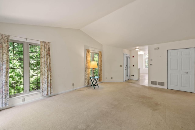 500 S Edwards Blvd Unit 1, Lake Geneva, WI 53147 - unfurnished living room with light carpet, vaulted ceiling, and baseboards