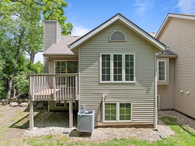 500 S Edwards Blvd Unit 1, Lake Geneva, WI 53147 - rear view of property with central AC, a wooden deck, a chimney, and roof with shingles