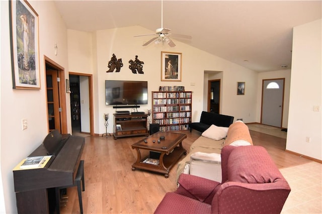 101 Baileyville Ct, Knapp, WI 54749 - living area with ceiling fan, lofted ceiling, wood finished floors, and baseboards