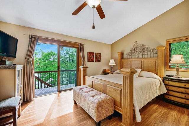 2511 S Natures Ridge Rd, Beloit, WI 53511 - bedroom featuring access to exterior, light wood-type flooring, lofted ceiling, and ceiling fan