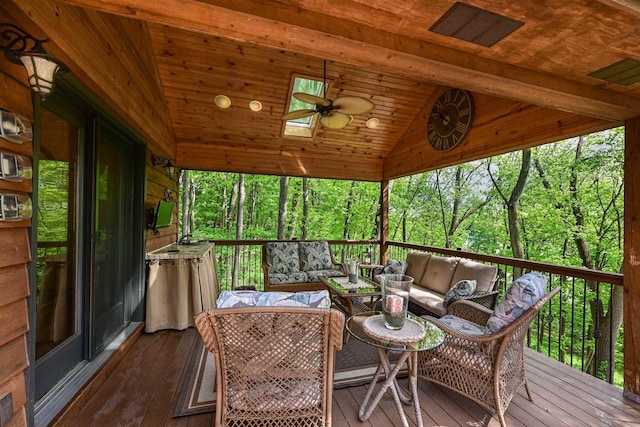 2511 S Natures Ridge Rd, Beloit, WI 53511 - sunroom featuring an outdoor living space, ceiling fan, vaulted ceiling, and a skylight