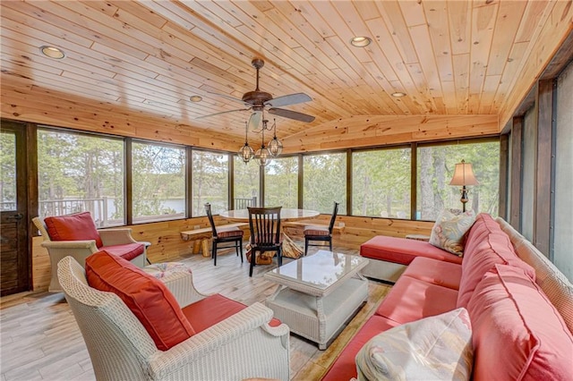 3844 State Road 77, Danbury, WI 54830 - living area featuring wooden ceiling, vaulted ceiling, ceiling fan, wood finished floors, and recessed lighting