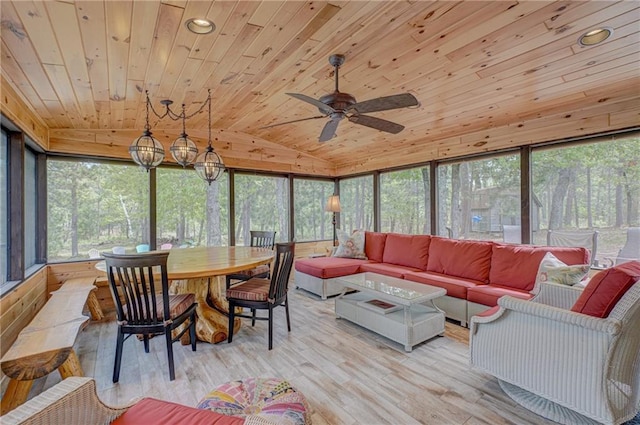 3844 State Road 77, Danbury, WI 54830 - sunroom / solarium with wooden ceiling, lofted ceiling, wood finished floors, a wooden deck, and recessed lighting