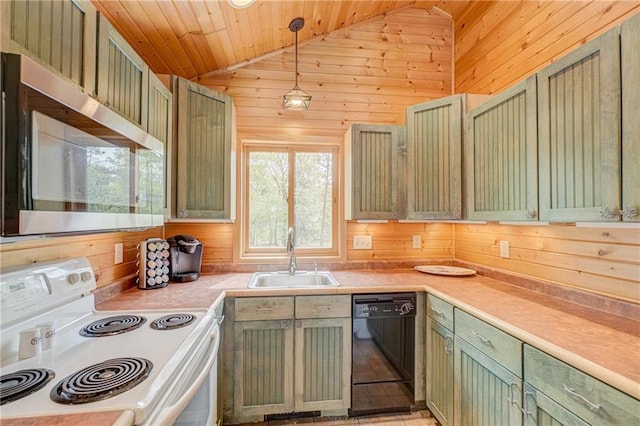 3844 State Road 77, Danbury, WI 54830 - kitchen featuring white range with electric cooktop, dishwasher, green cabinets, a sink, and wooden walls