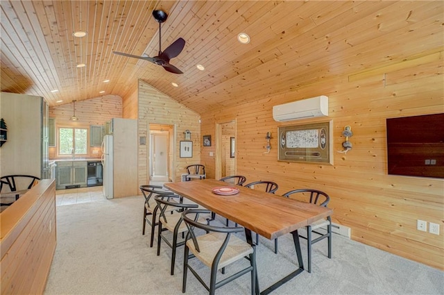 3844 State Road 77, Danbury, WI 54830 - dining space with a wall mounted air conditioner, light carpet, wood walls, high vaulted ceiling, and ceiling fan