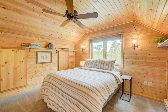 3844 State Road 77, Danbury, WI 54830 - carpeted bedroom featuring lofted ceiling, wooden walls, wood ceiling, baseboard heating, and a ceiling fan