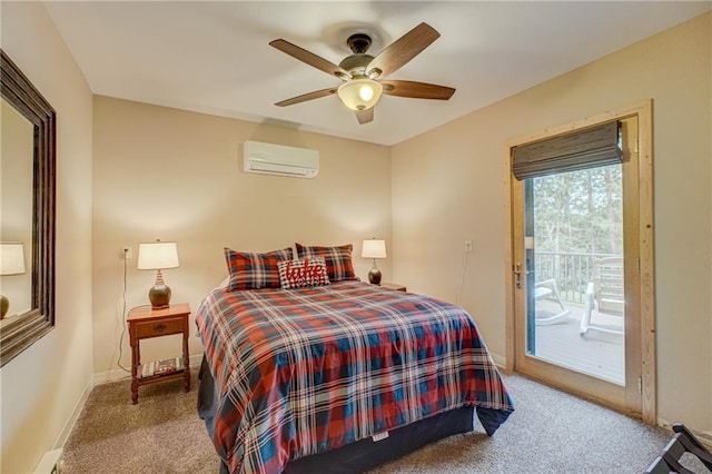 3844 State Road 77, Danbury, WI 54830 - bedroom featuring a wall unit AC, access to exterior, carpet, baseboards, and a ceiling fan