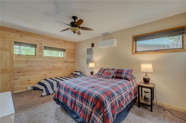 3844 State Road 77, Danbury, WI 54830 - bedroom with wooden walls, a wall mounted AC, carpet, electric panel, and baseboards