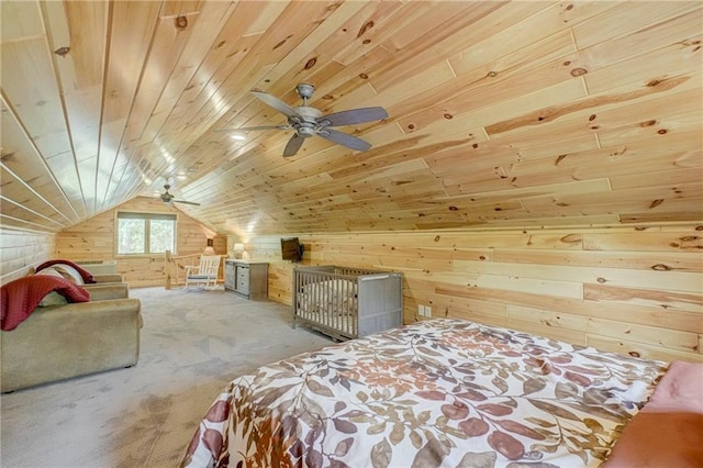 3844 State Road 77, Danbury, WI 54830 - carpeted bedroom with wood walls, wooden ceiling, and lofted ceiling