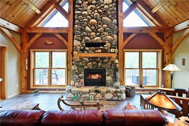 10435 W Murphy Blvd, Hayward, WI 54843 - living area with a stone fireplace, wooden ceiling with exposed beams, high vaulted ceiling, and baseboards