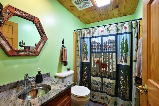 10435 W Murphy Blvd, Hayward, WI 54843 - full bathroom featuring vanity, toilet, a shower with shower curtain, and wooden ceiling