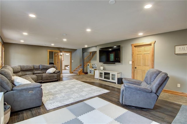 N1816 950th St, Eau Claire, WI 54701 - living room featuring recessed lighting, stairs, wood finished floors, and baseboards