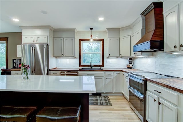 N1816 950th St, Eau Claire, WI 54701 - kitchen featuring appliances with stainless steel finishes, custom range hood, a sink, light wood-style flooring, and decorative light fixtures