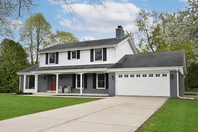 1429 W River Oaks Ln, Mequon, WI 53092 - view of front of house with a garage, covered porch, driveway, a chimney, and a front lawn