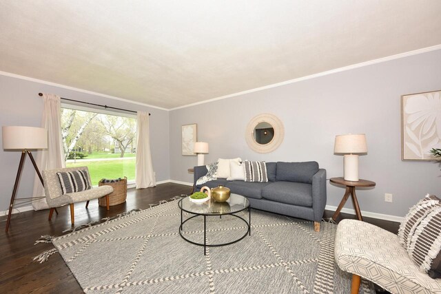 1429 W River Oaks Ln, Mequon, WI 53092 - living room with baseboards, wood finished floors, and ornamental molding