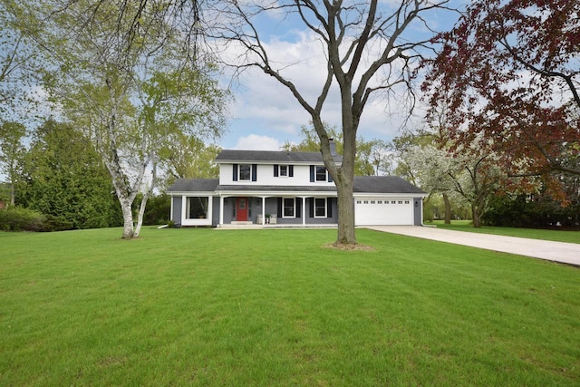 1429 W River Oaks Ln, Mequon, WI 53092 - view of front facade featuring covered porch, driveway, an attached garage, a front lawn, and a chimney