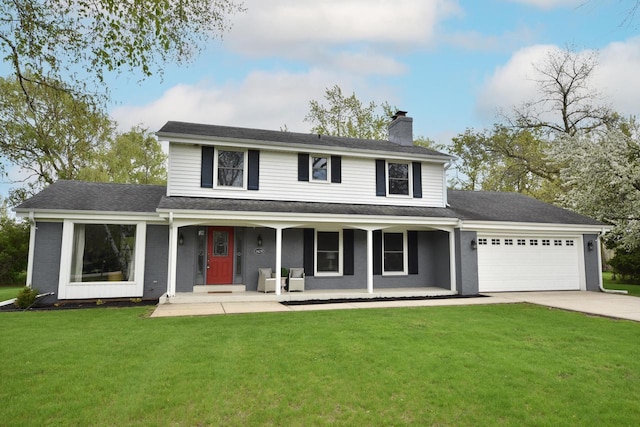 1429 W River Oaks Ln, Mequon, WI 53092 - view of front of home with a chimney, covered porch, a garage, concrete driveway, and a front yard