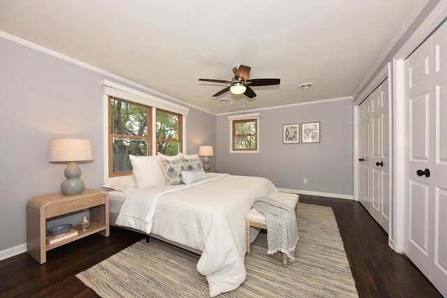 1429 W River Oaks Ln, Mequon, WI 53092 - bedroom with baseboards, wood finished floors, ornamental molding, and ceiling fan