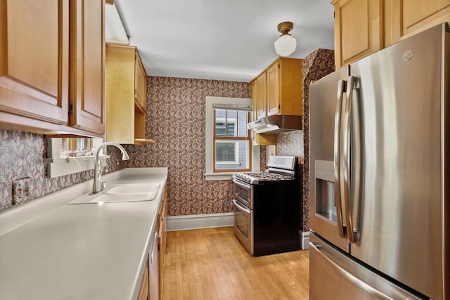 644 Crandall St, Madison, WI 53711 - kitchen with appliances with stainless steel finishes, wallpapered walls, a sink, light wood-type flooring, and under cabinet range hood