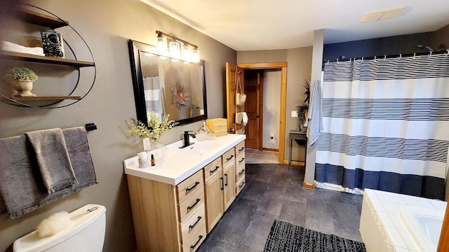 610 Fox Ridge Ct, Nekoosa, WI 54457 - full bath featuring vanity, tiled tub, and a shower with curtain