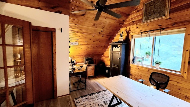 610 Fox Ridge Ct, Nekoosa, WI 54457 - office area with lofted ceiling, wood walls, wood finished floors, ceiling fan, and wood ceiling